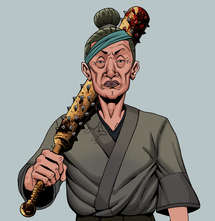 Goro — Degen Dojo NFT art (Shirtless Runt, Light Grey, Degens, Puppy Kimono, Goro, Hair Bun, Yakuza Club, Mint)