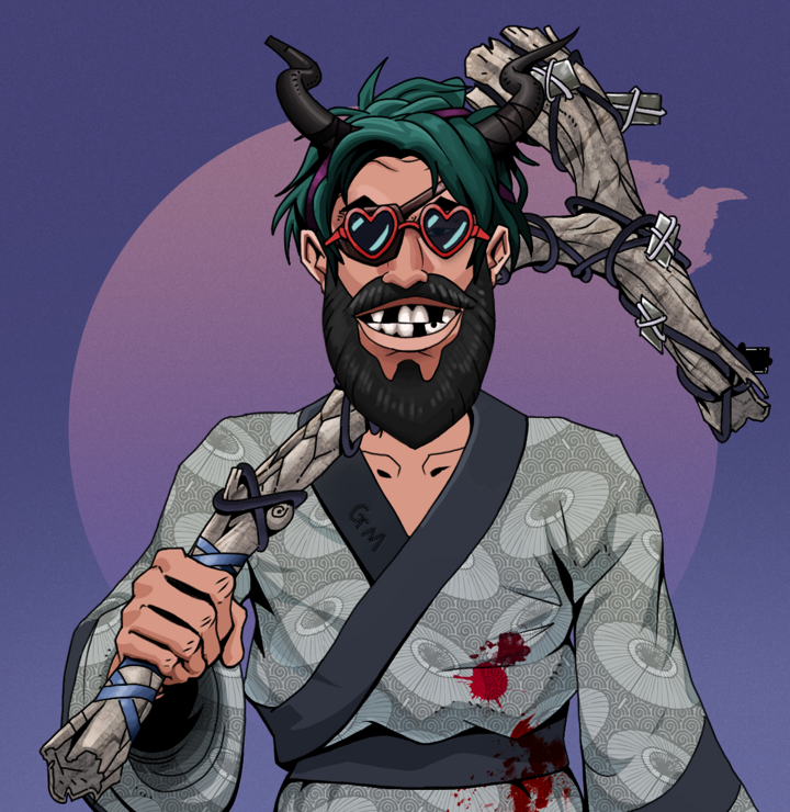 Igor The Veteran — Degen Dojo NFT art (Shirtless Runt, Purple Night, Degens, Loose Parasol Kimono, Igor The Veteran, Loveheart Shades, Black Oni Horns, Large Branch, Mint)