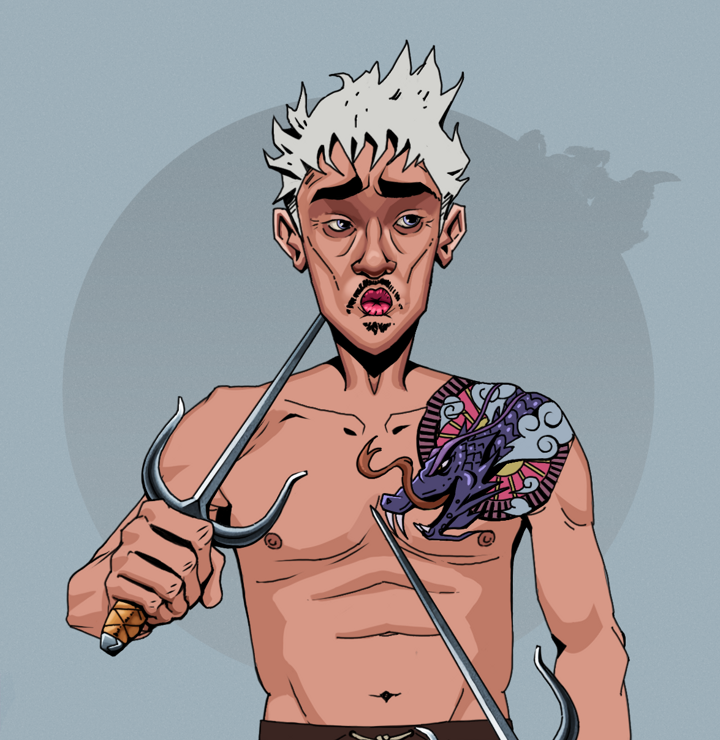 Masumi Steel — Degen Dojo NFT art (Shirtless Runt, Grey Mist, Degens, Dragon Head Tattoo, Masumi Steel, Short Spiky Grey, Dual Sai, Mint)