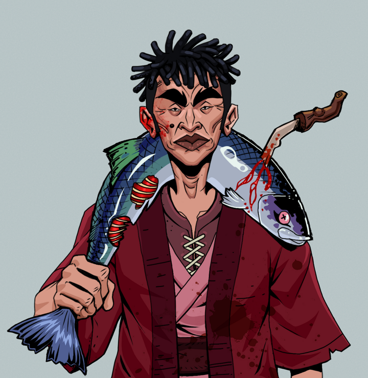 Young Yuji — Degen Dojo NFT art (Shirtless Runt, Light Grey, Degens, Red Warrior Kimono, Young Yuji, Black Bantu Knots, Dead Fish, Mint)