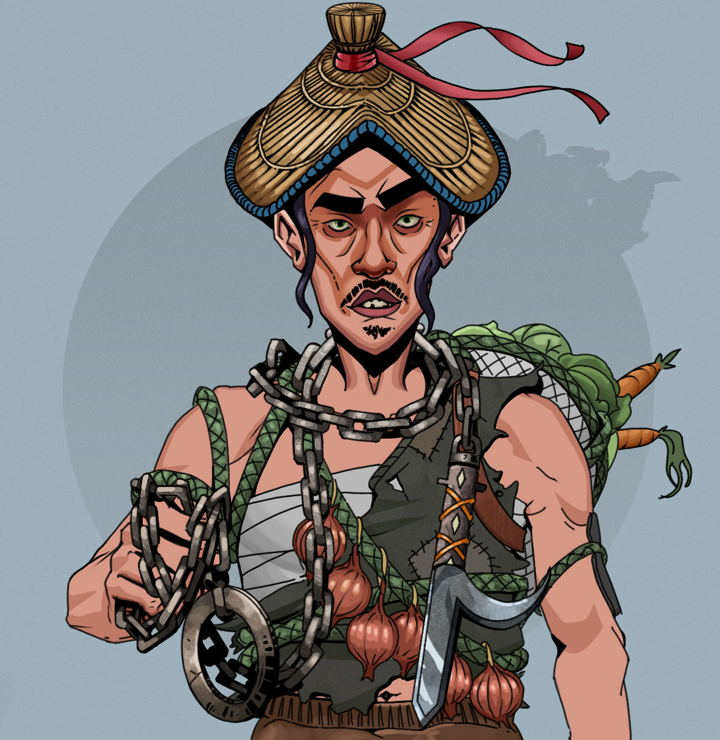 Gloomy Masumi — Degen Dojo NFT art (Shirtless Runt, Grey Mist, Degens, Farmer, Gloomy Masumi, High Straw Rice Hat, Heavy Kyoketsu, Mint)