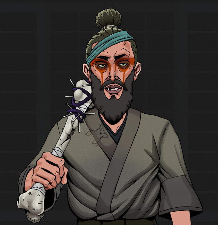 Oleg Of War — Degen Dojo NFT art (Shirtless Runt, Shoji Night, Degens, Puppy Kimono, Oleg Of War, Hair Bun, Spiky Femur, Mint)