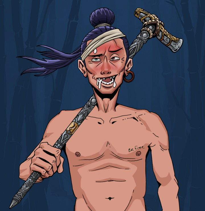 Yuuki — Degen Dojo NFT art (Wooden Loop, Night Forest, Degens, Nudey Freak, Yuuki, Shirtless Runt, Long Flowing, Artisan Walking Cane, Mint)
