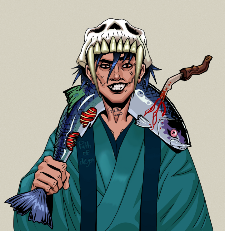 Junichiro — Degen Dojo NFT art (Shirtless Runt, Warm Grey, Degens, Dejen Apostate, Junichiro, Sabertooth Skull, Dead Fish, Mint)