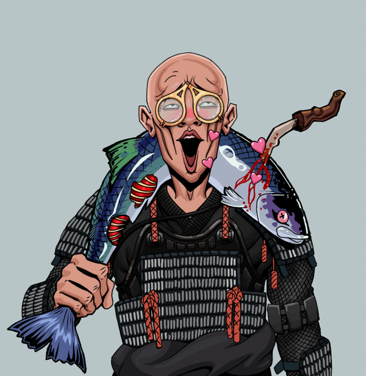 Lovey Haruto — Degen Dojo NFT art (Shirtless Runt, Light Grey, Degens, Black Iron Tosei Gusoku, Lovey Haruto, Pocket Glasses, Bald, Dead Fish, Mint)