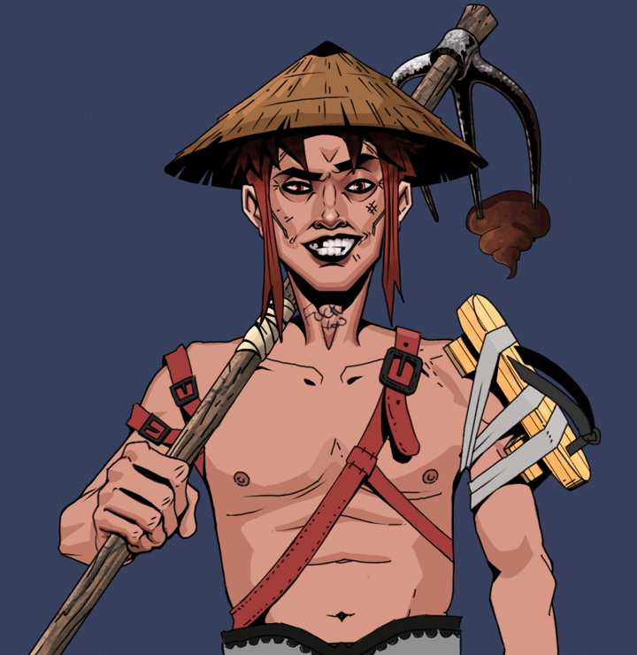 Junichiro — Degen Dojo NFT art (Shirtless Runt, Blue Evening, Degens, Strap On Geta, Junichiro, Rice Hat, Poop Cleaner Hoe, Mint)