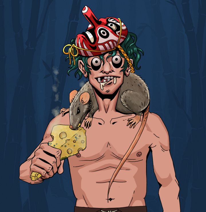 Drooling Azuma — Degen Dojo NFT art (Shirtless Runt, Night Forest, Degens, Drooling Azuma, Tengu Mask, Mr. Rumi The Rat, Mint)
