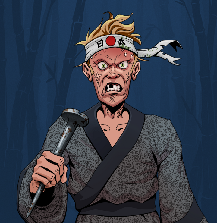 Angry Ikari — Degen Dojo NFT art (Shirtless Runt, Night Forest, Degens, Sushi Love Loose Kimono, Angry Ikari, Karate Headband, Rusty Nail, Mint)