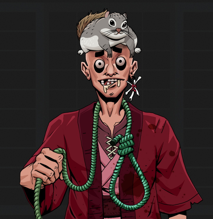 Drooling Azuma — Degen Dojo NFT art (Finger Bones, Shoji Night, Degens, Red Warrior Kimono, Drooling Azuma, Shirtless Runt, Mr. Momonga Hat, Noose, Mint)