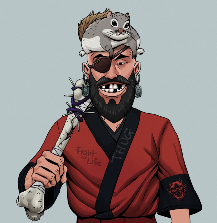 Igor The Veteran — Degen Dojo NFT art (Iron Earrings, Light Grey, Degens, Red Oni Kimono, Igor The Veteran, Shirtless Runt, Mr. Momonga Hat, Spiky Femur, Mint)
