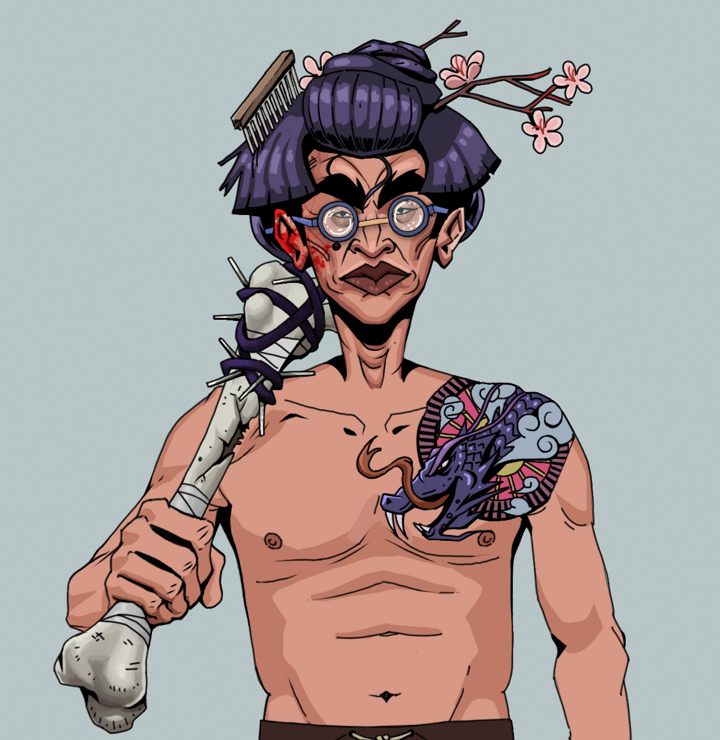 Young Yuji — Degen Dojo NFT art (Shirtless Runt, Light Grey, Degens, Dragon Head Tattoo, Young Yuji, Spectacles, Disheveled Geisha, Spiky Femur, Mint)