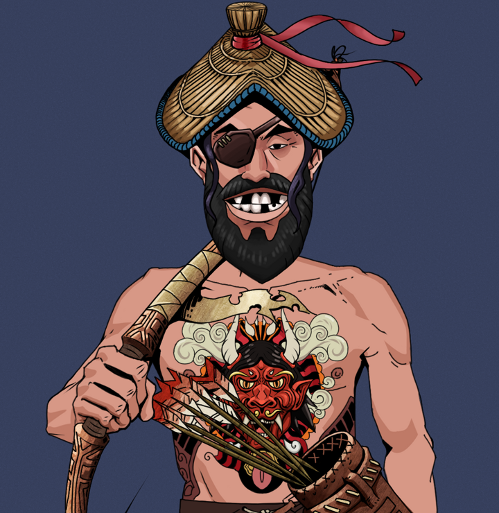 Igor The Veteran — Degen Dojo NFT art (Shirtless Runt, Blue Evening, Degens, Red Oni Tattoo, Igor The Veteran, High Straw Rice Hat, Runed Yumi, Mint)