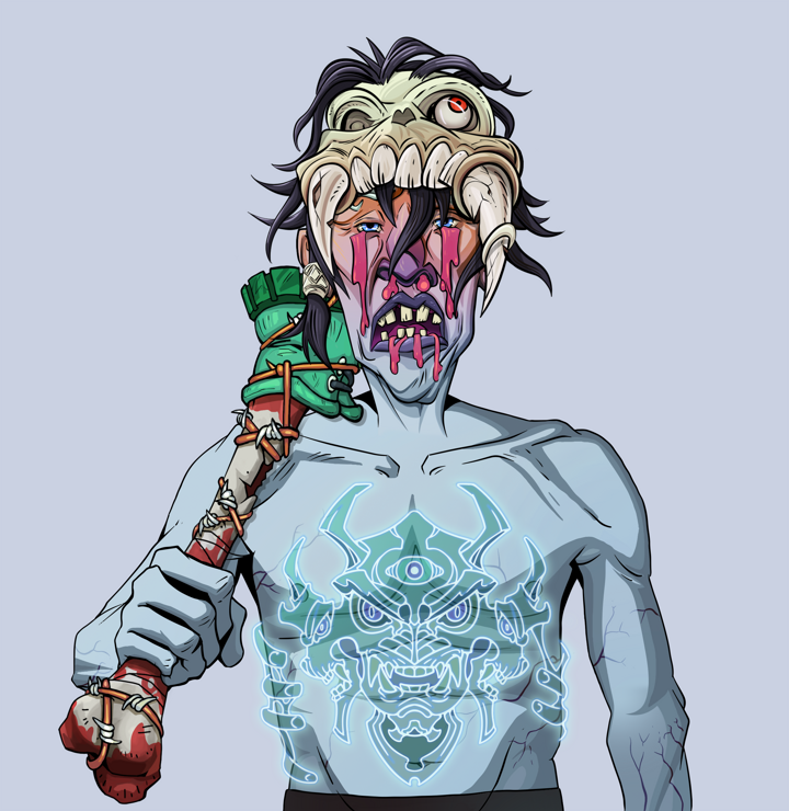 Teary Goro — Degen Dojo NFT art (Shirtless Runt, Blue Evening, Demons, Blue Oni Tattoo, Teary Goro, Sabertooth Skull, Spiky Femur, Mint)