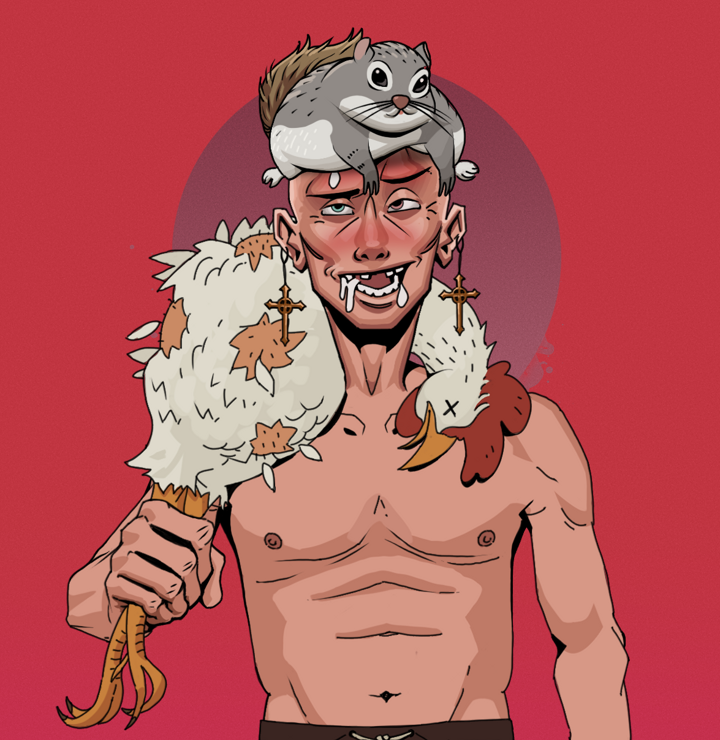Yuuki — Degen Dojo NFT art (Jesuit Crosses, Red High Moon, Degens, Shirtless Runt, Yuuki, Mr. Momonga Hat, Chicken, Mint)