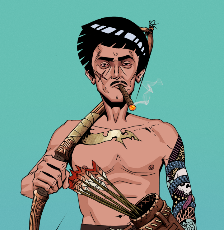 Raikou The Stoner — Degen Dojo NFT art (Shirtless Runt, Teal Daytime, Degens, Skull Sleeve, Raikou The Stoner, Rock Lee, Runed Yumi, Mint)