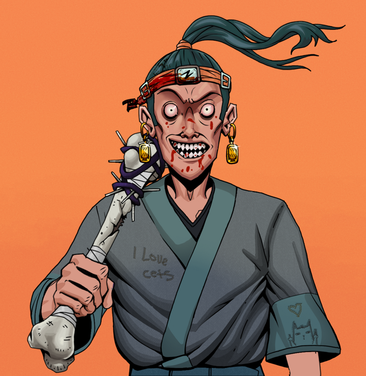 Assassin Fuzen — Degen Dojo NFT art (Gold Earrings, Orange Afternoon, Degens, Cet Kimono, Assassin Fuzen, Shirtless Runt, Green Bandana, Spiky Femur, Mint)