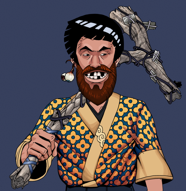 Igor The Bear — Degen Dojo NFT art (Shaman Eyes, Blue Evening, Degens, Yellow Flowers Silk Kimono, Igor The Bear, Shirtless Runt, Rock Lee, Large Branch, Mint)