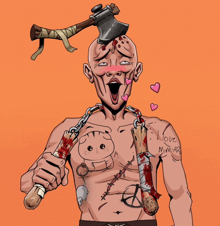 Lovey Haruto — Degen Dojo NFT art (Shirtless Runt, Orange Afternoon, Degens, Recovering Alcoholic, Lovey Haruto, Splitting Axe Ache, Bloody Nunchucks, Mint)