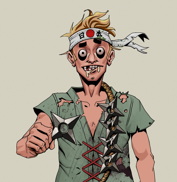 Drooling Azuma — Degen Dojo NFT art (Shirtless Runt, Warm Grey, Degens, Dirty Peasant Rags, Drooling Azuma, Karate Headband, Shuriken Belt, Mint)