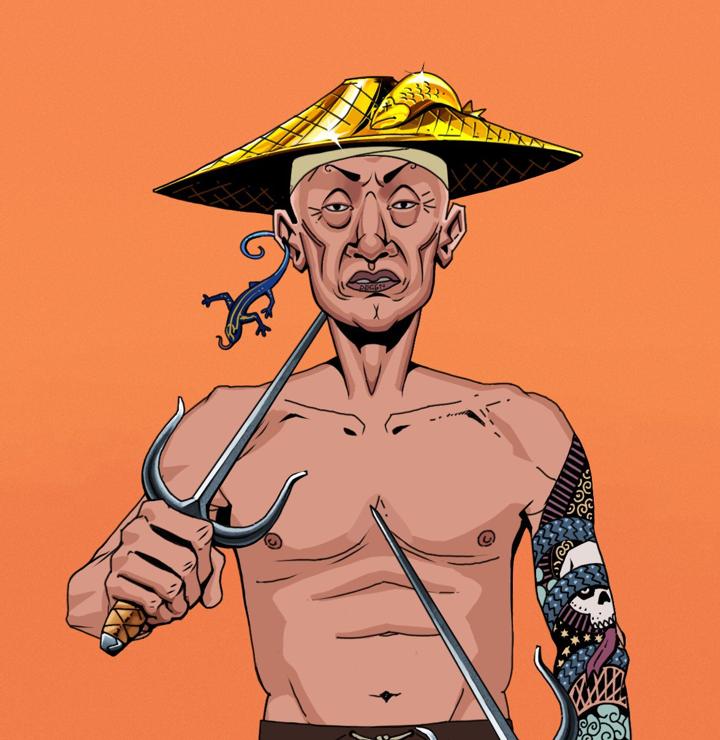 Goro — Degen Dojo NFT art (Lizard, Orange Afternoon, Degens, Skull Sleeve, Goro, Shirtless Runt, Golden Kasa Fisherman, Dual Sai, Mint)