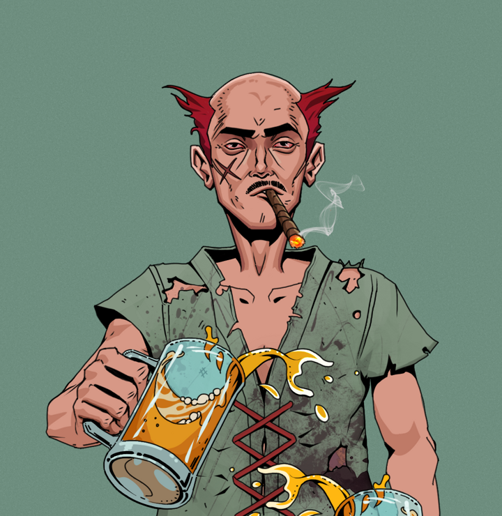 Raikou The Stoner — Degen Dojo NFT art (Shirtless Runt, Olive Green, Degens, Dirty Peasant Rags, Raikou The Stoner, Red Heihachi, Beer Splash, Mint)