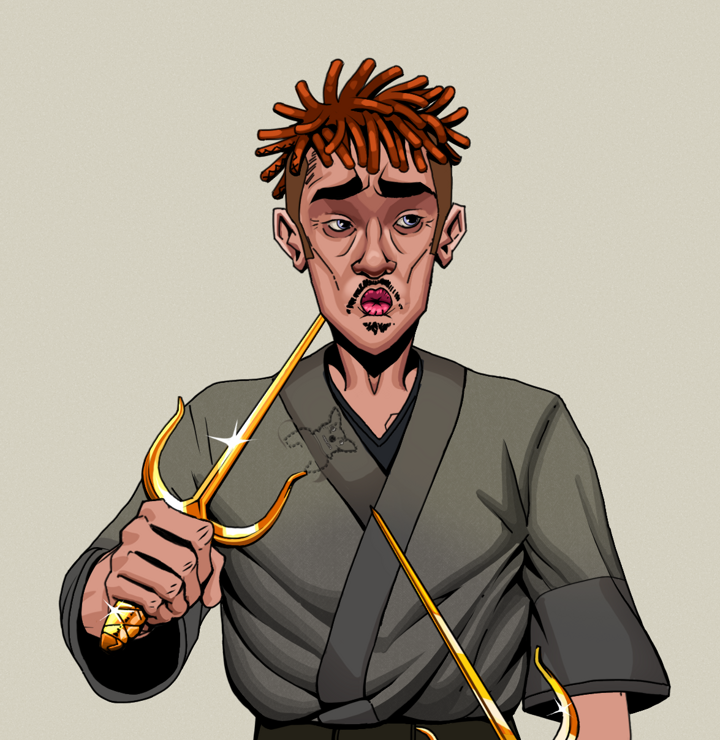 Masumi Steel — Degen Dojo NFT art (Shirtless Runt, Warm Grey, Degens, Puppy Kimono, Masumi Steel, Orange Bantu Knots, Golden Sai, Mint)