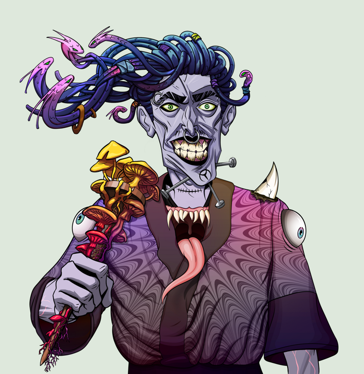 Junichiro Reborn — Degen Dojo NFT art (Shirtless Runt, Olive Green, Demons, Autumn Sakura Kimono, Junichiro Reborn, Flowing Dreads, Rusty Nail, Mint)