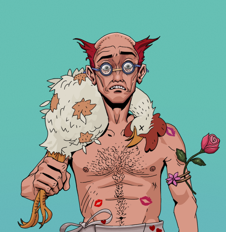 Shitless Botan — Degen Dojo NFT art (Shirtless Runt, Teal Daytime, Degens, Womanizer, Shitless Botan, Spectacles, Red Heihachi, Chicken, Mint)