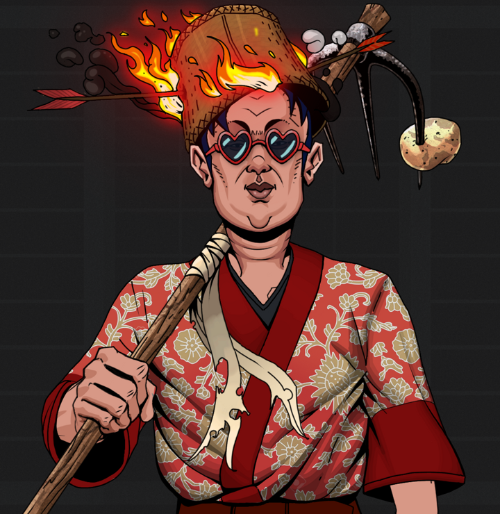 Fat Bob — Degen Dojo NFT art (Shirtless Runt, Shoji Night, Degens, Silken Sunflower Kimono, Fat Bob, Loveheart Shades, Burning Basket, Farmers Hoe, Mint)