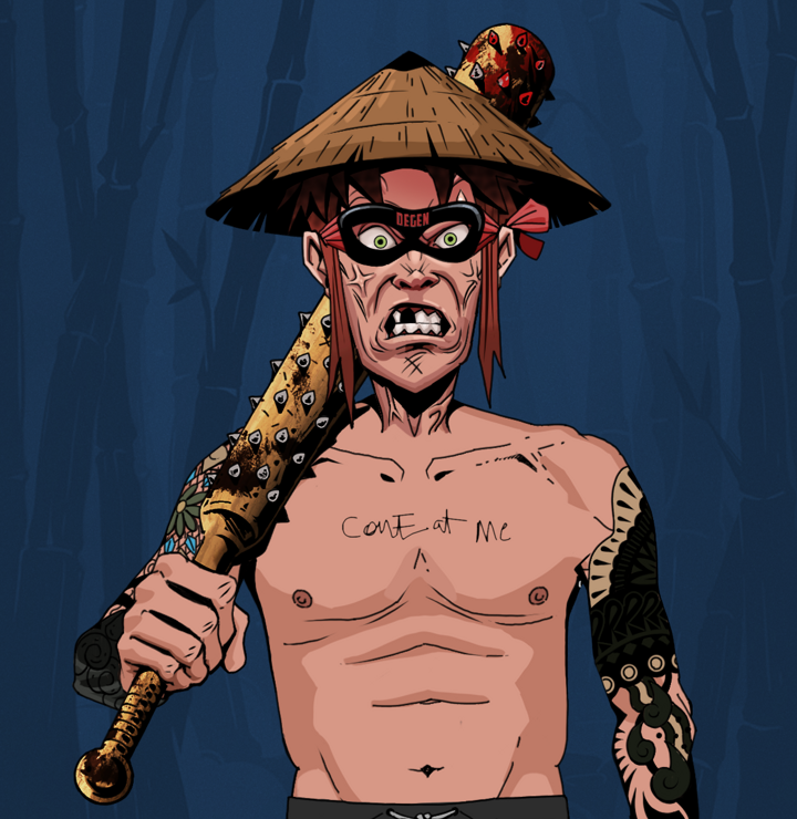 Angry Ikari — Degen Dojo NFT art (Shirtless Runt, Night Forest, Degens, Black Yakuza Sleeves, Angry Ikari, Degen Superhero, Rice Hat, Yakuza Club, Mint)