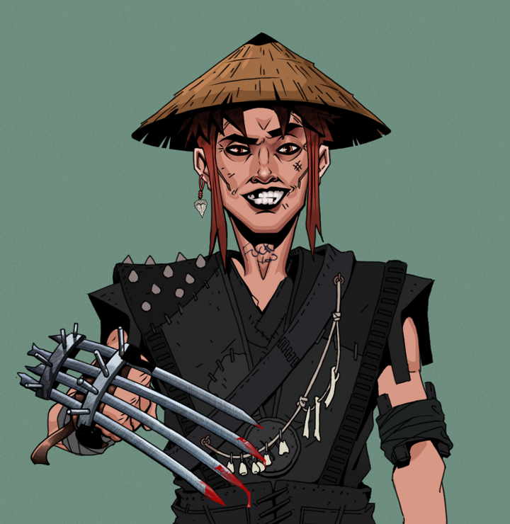 Junichiro — Degen Dojo NFT art (Shark Tooth, Olive Green, Degens, Warlock Wannabe, Junichiro, Shirtless Runt, Rice Hat, Tekko-Kagi Claws, Mint)