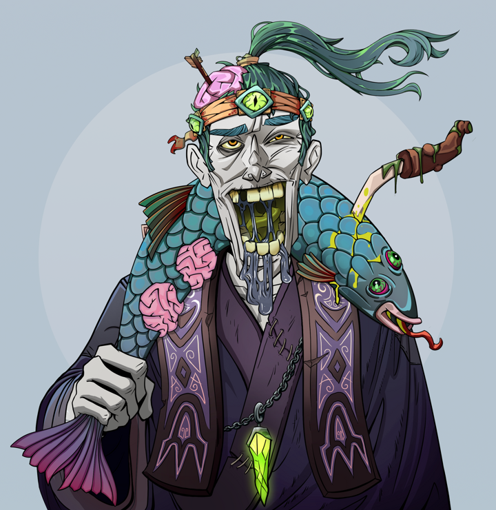 Yuuki — Degen Dojo NFT art (Shirtless Runt, Grey Mist, Demons, Dejen Apostate, Yuuki, Green Bandana, Dead Fish, Mint)