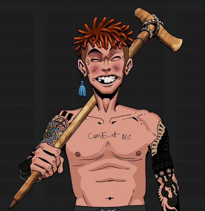 Cheery Haru — Degen Dojo NFT art (Tassel, Shoji Night, Degens, Black Yakuza Sleeves, Cheery Haru, Shirtless Runt, Orange Bantu Knots, Wooden Walking Cane, Mint)