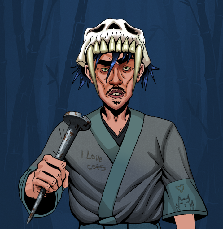Gloomy Masumi — Degen Dojo NFT art (Shirtless Runt, Night Forest, Degens, Cet Kimono, Gloomy Masumi, Sabertooth Skull, Rusty Nail, Mint)