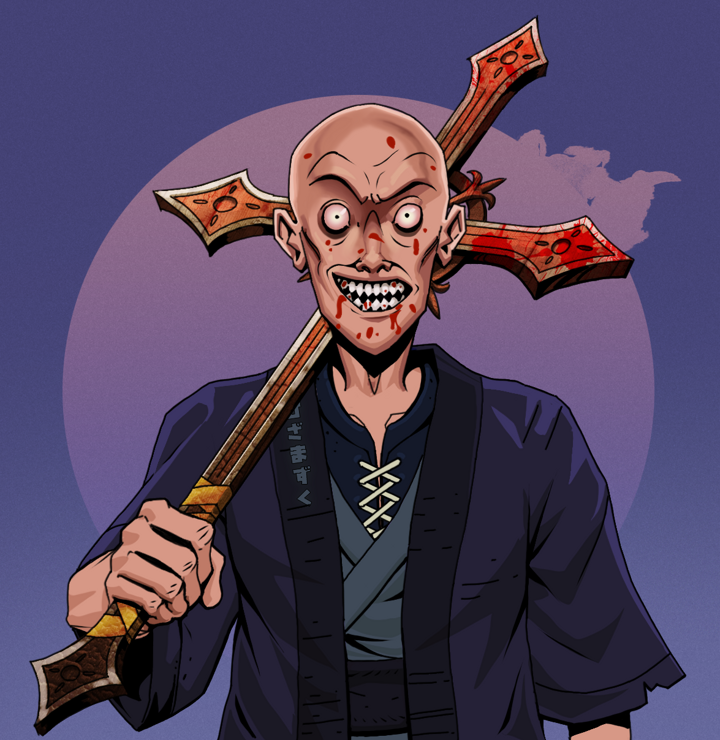 Assassin Fuzen — Degen Dojo NFT art (Shirtless Runt, Purple Night, Degens, Daimyo Warrior Kimono, Assassin Fuzen, Bald, Jesuit Bloody Cross, Mint)