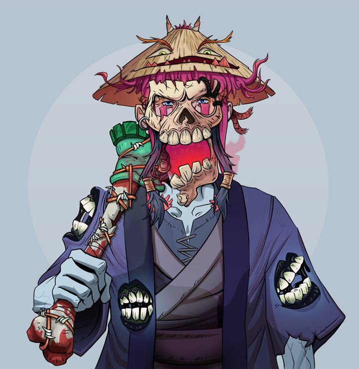 Teary Goro — Degen Dojo NFT art (Shirtless Runt, Grey Mist, Demons, Daimyo Warrior Kimono, Teary Goro, Hannya Half Mask, Rice Hat, Spiky Femur, Mint)