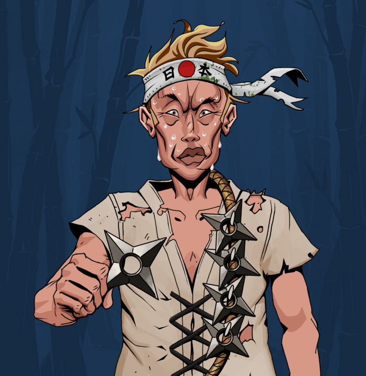 Stresshead Rin — Degen Dojo NFT art (Shirtless Runt, Night Forest, Degens, Rice Sack Rags, Stresshead Rin, Karate Headband, Shuriken Belt, Mint)