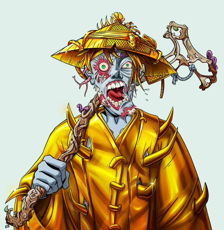 Tokuda — Degen Dojo NFT art (Tassel, Teal Daytime, Demons, Golden Monk Robes, Tokuda, Shirtless Runt, Golden Kasa Fisherman, Wooden Walking Cane, Mint)