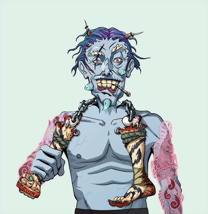 One-Eyed Itsuki — Degen Dojo NFT art (Shirtless Runt, Teal Daytime, Demons, Yakuza Tattoo Sleeves, One-Eyed Itsuki, Wavy, Bloody Nunchucks, Mint)