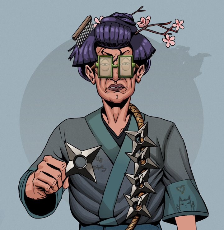 Goro — Degen Dojo NFT art (Shirtless Runt, Grey Mist, Degens, Cet Kimono, Goro, Shoji Glasses, Disheveled Geisha, Shuriken Belt, Mint)
