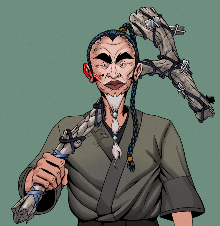 Yuji The Wise — Degen Dojo NFT art (Shirtless Runt, Olive Green, Degens, Puppy Kimono, Yuji The Wise, Braided Samurai Ponytail, Large Branch, Mint)