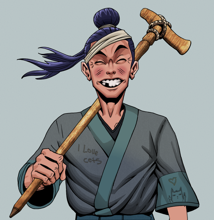 Cheery Haru — Degen Dojo NFT art (Shirtless Runt, Light Grey, Degens, Cet Kimono, Cheery Haru, Long Flowing, Wooden Walking Cane, Mint)