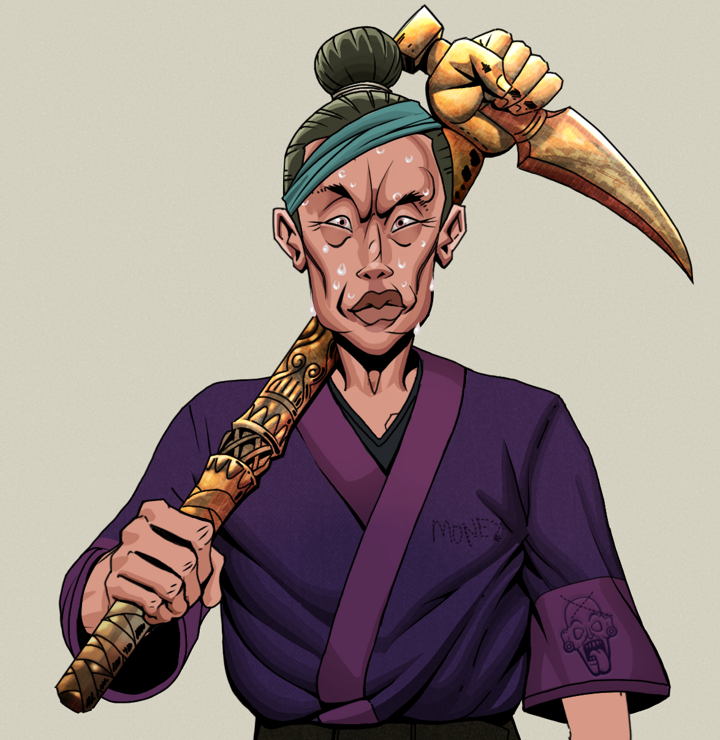 Stresshead Rin — Degen Dojo NFT art (Shirtless Runt, Warm Grey, Degens, Money Kimono, Stresshead Rin, Hair Bun, Bronze Fisted Sickle, Mint)