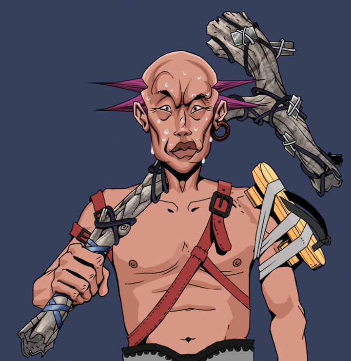 Stresshead Rin — Degen Dojo NFT art (Wooden Loop, Blue Evening, Degens, Strap On Geta, Stresshead Rin, Shirtless Runt, Dejen Mohawk, Large Branch, Mint)