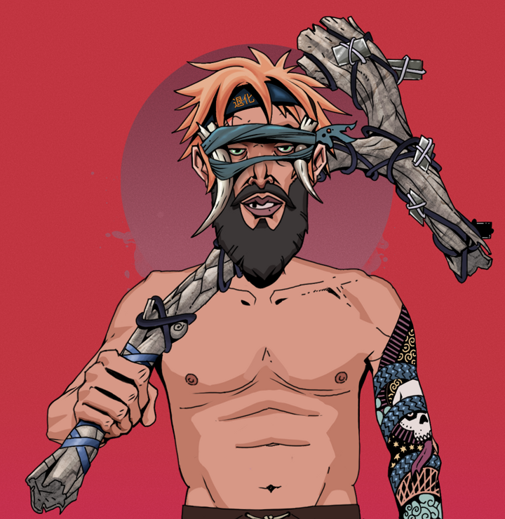 Serious Oleg — Degen Dojo NFT art (Shirtless Runt, Red High Moon, Degens, Skull Sleeve, Serious Oleg, Tied Horns, Tiger Headband Ruffian, Large Branch, Mint)