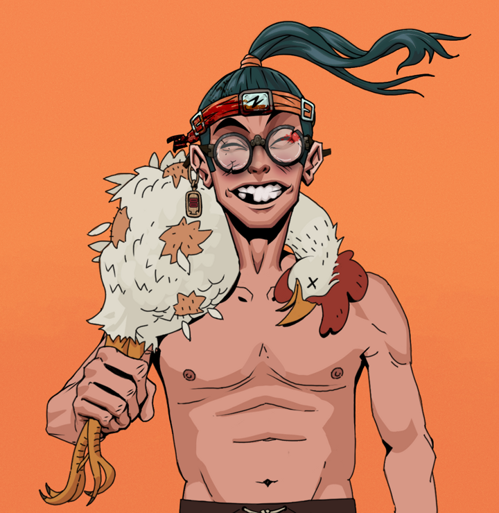 Cheery Haru — Degen Dojo NFT art (Dojo Paper Earring, Orange Afternoon, Degens, Shirtless Runt, Cheery Haru, Bloodied Glasses, Green Bandana, Chicken, Mint)