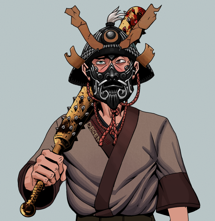 Yuuki — Degen Dojo NFT art (Shirtless Runt, Light Grey, Degens, Degen Dojo Kimono, Yuuki, Black Iron Kabuto, Yakuza Club, Mint)