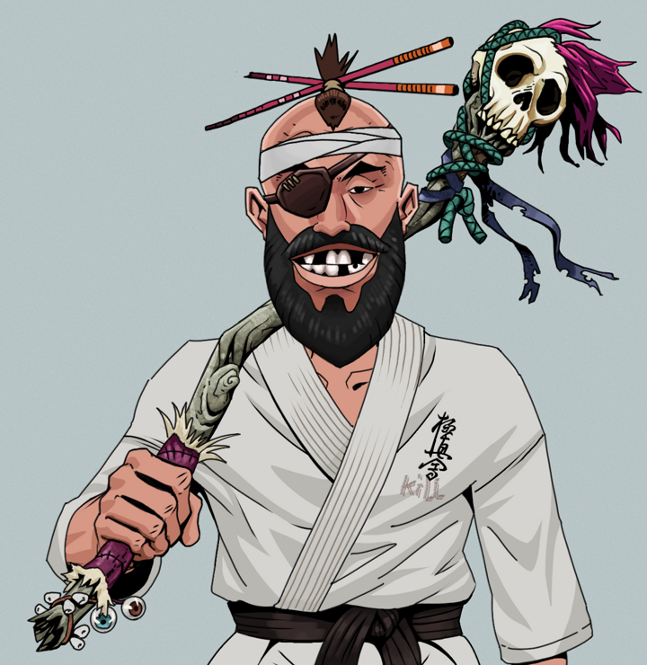 Igor The Veteran — Degen Dojo NFT art (Shirtless Runt, Light Grey, Degens, Student Gi, Igor The Veteran, Hair Bun With Chopsticks, Shaman Skull Staff, Mint)