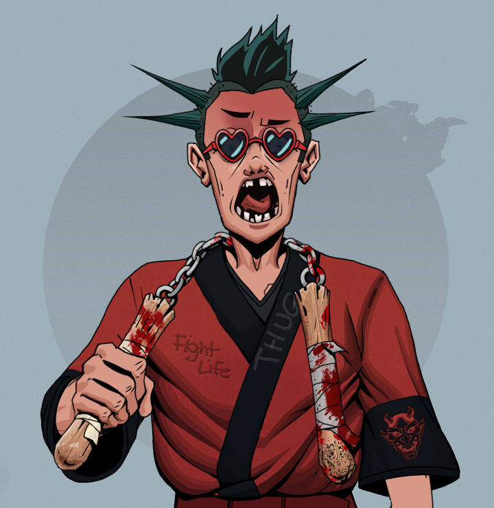 Tokuda — Degen Dojo NFT art (Shirtless Runt, Grey Mist, Degens, Red Oni Kimono, Tokuda, Loveheart Shades, Yakuza Ruffian, Bloody Nunchucks, Mint)
