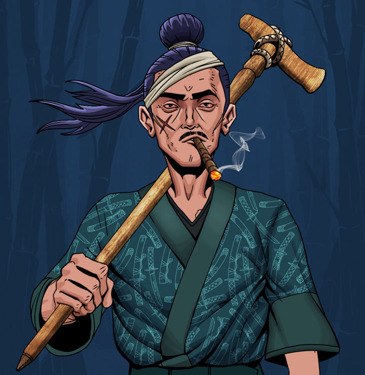 Raikou The Stoner — Degen Dojo NFT art (Shirtless Runt, Night Forest, Degens, Katanajamas Kimono, Raikou The Stoner, Long Flowing, Wooden Walking Cane, Mint)